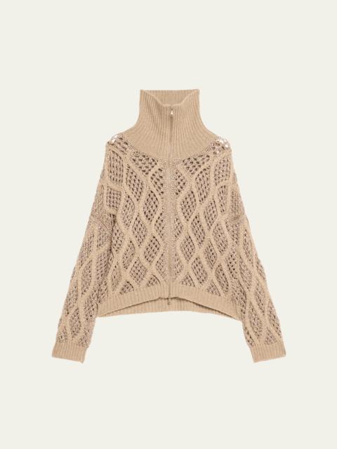 Opera Cashmere Cable and Net Zip-Up Cardigan with Paillette Details