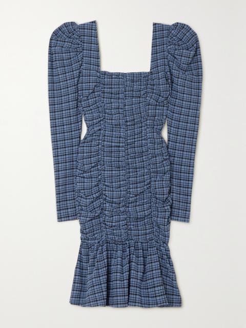GANNI Ruched Checked Stretch Recycled-seersucker Mini Dress