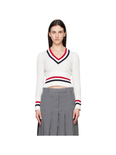 Thom Browne Off-White Baby Ladder Cable Shrunken V Neck Sweater