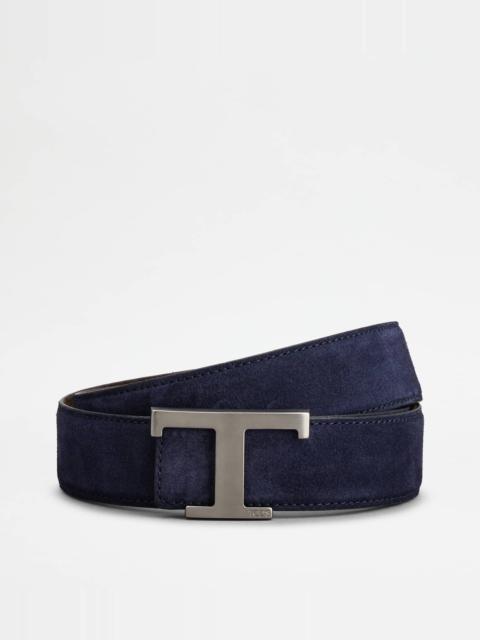 Tod's T TIMELESS REVERSIBLE BELT IN SUEDE - BLUE, BROWN