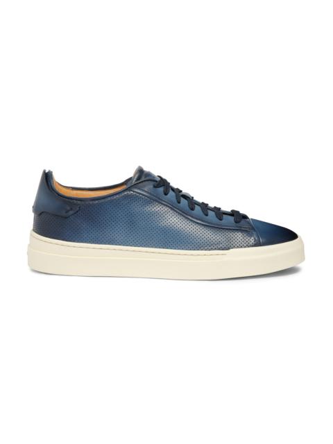 Santoni Men's polished blue leather perforated-effect sneaker