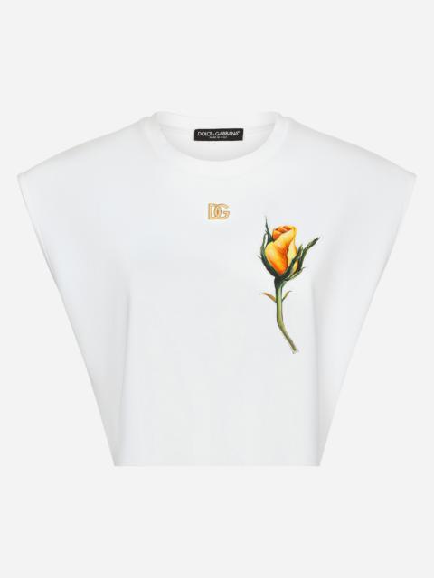 Cropped jersey T-shirt with DG logo and rose-embroidered patch