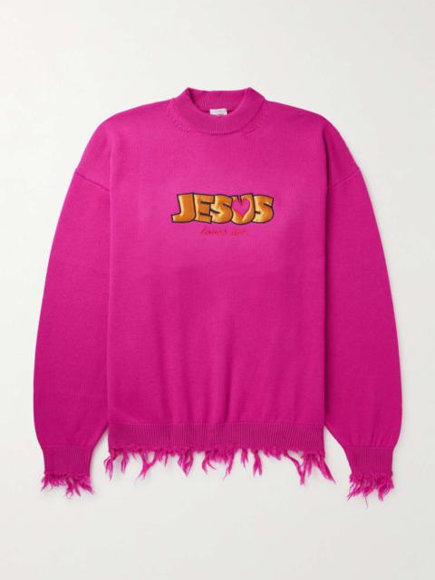 VETEMENTS Jesus Loves You Distressed Merino Wool Sweater