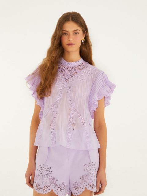 FARM RIO Lilac Lace Ruffled Organic Cotton Blouse