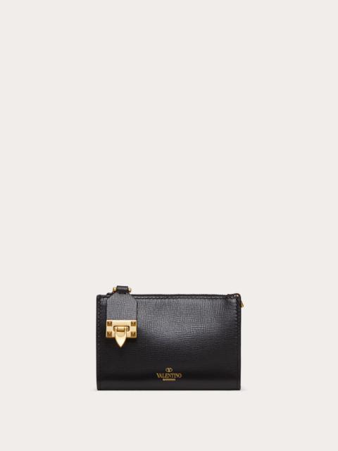 Valentino VALENTINO GARAVANI ROCKSTUD ZIPPER COIN PURSE AND CARDHOLDER IN GRAINY CALFSKIN LEATHER