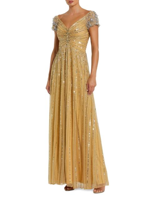 MAC DUGGAL Women's Embellished Mesh Fit & Flare Gown - Gold