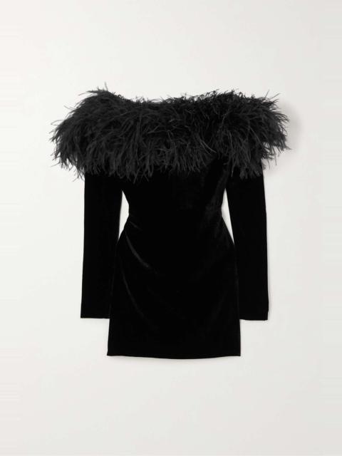 Off-the-shoulder feather-trimmed stretch-velvet mini dress