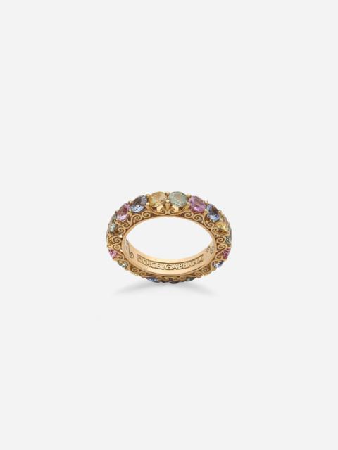 Heritage band ring in yellow 18kt gold with multicoloured sapphires