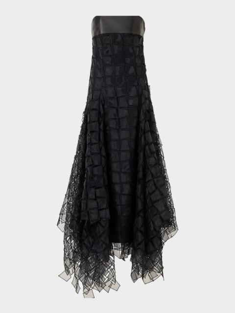 AKRIS Strapless Trapezoid Embroidered Organza Fringe Maxi Dress