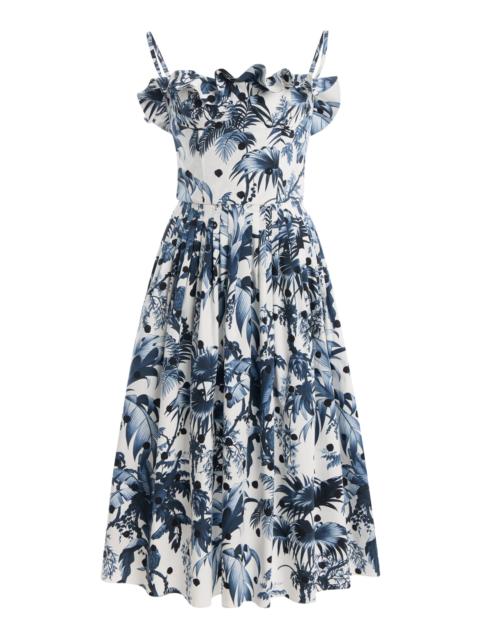 Oscar de la Renta Dotted-Palms-Printed Stretch Cotton-Poplin Midi Dress navy