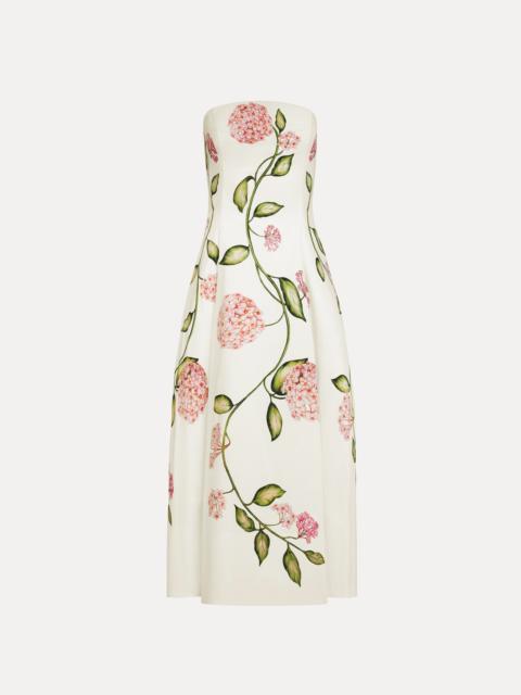 Oscar de la Renta PORCELAIN FLOWER COTTON POPLIN STRAPLESS DRESS
