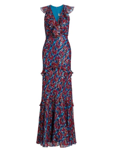 SALONI Women's Rita Floral Ruffled Silk Maxi Dress - Quail Sky