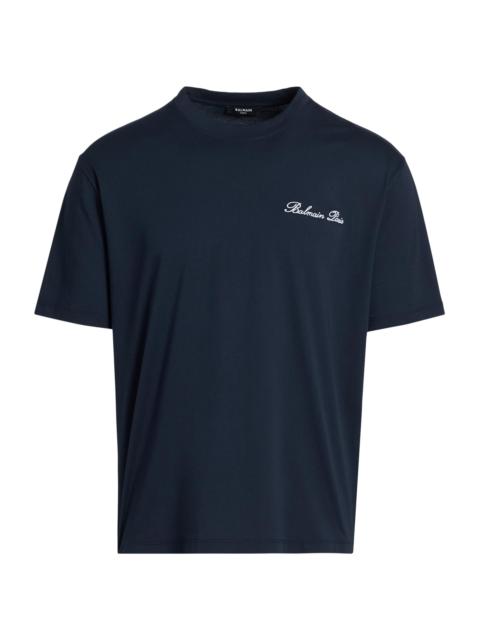 Balmain Men's Logo-Embroidered Cotton T-Shirt - Marine Blanc