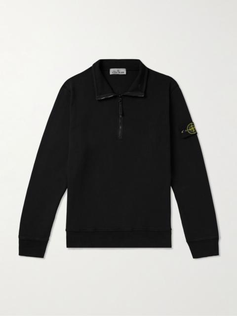 Stone Island Logo-Appliquéd Garment-Dyed Cotton-Jersey Half-Zip Sweatshirt Black