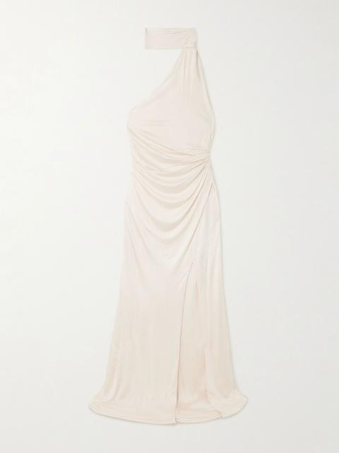 TOM FORD One-shoulder paneled ruched satin-jersey halterneck gown Off-white