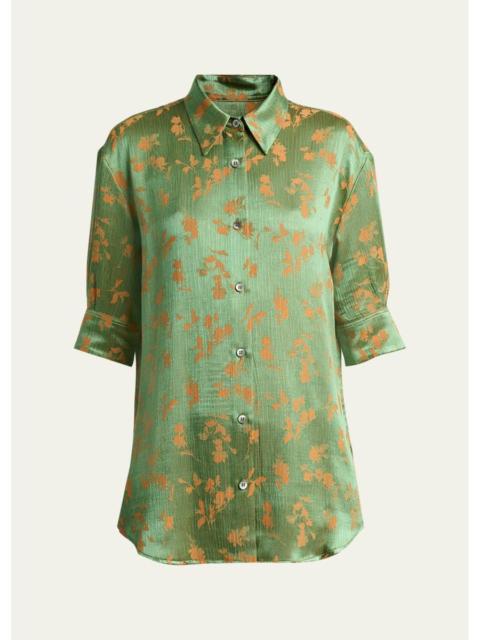Dries Van Noten Floral Jacquard Elbow-Sleeve Button-Down Shirt
