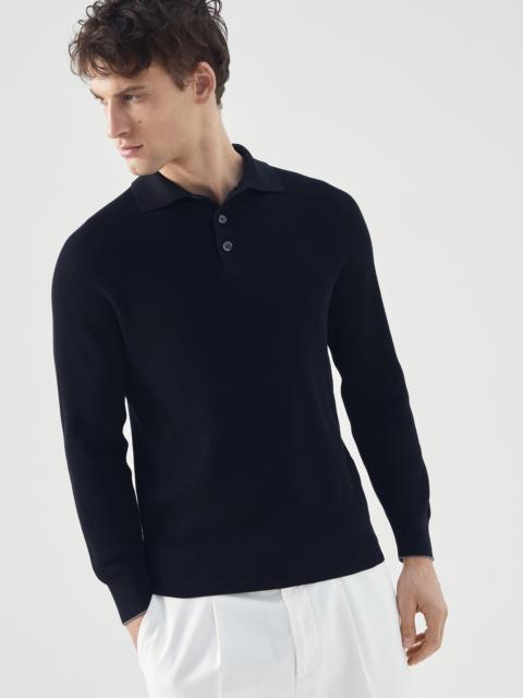 Cotton English rib polo-style sweater with raglan sleeves