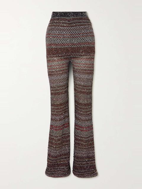 Sequin-embellished striped metallic crochet-knit flared pants