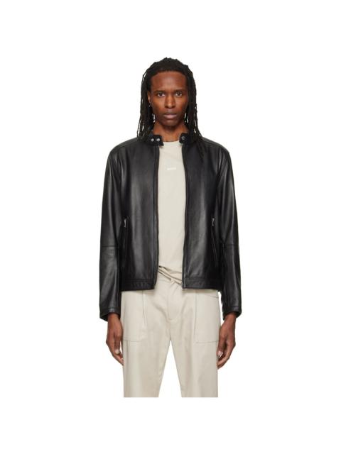 BOSS Black Logo Trim Grained Leather Jacket