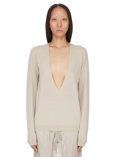 Rick Owens Beige Temple Extreme V Neck Pull Sweater