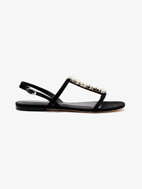 Larroudé Calypso Flat Sandal In Black Fabric and Crystals