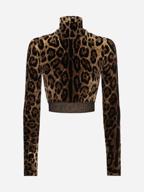 Chenille turtle-neck top with jacquard leopard design