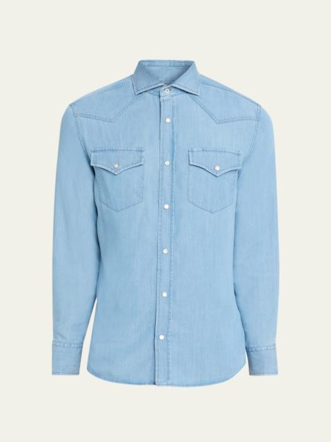 Brunello Cucinelli Mens Lightweight Denim Western Shirt