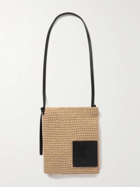 Leather-Trimmed Raffia Messenger Bag