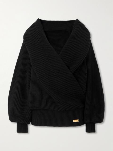 Balmain Wrap-effect Ribbed Wool Hoodie