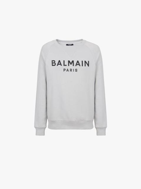 Light gray eco-designed cotton sweatshirt with black Balmain Paris metallic logo print