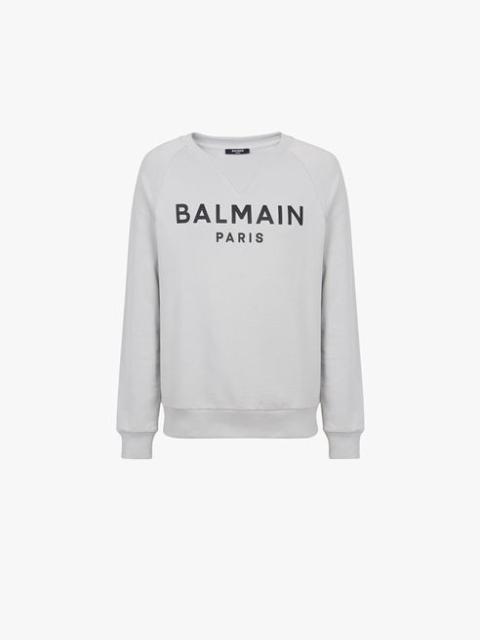 Balmain Light gray eco-designed cotton sweatshirt with black Balmain Paris metallic logo print