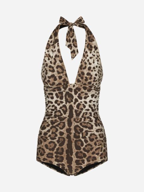 Leopard-print one-piece swimsuit with plunging neckline