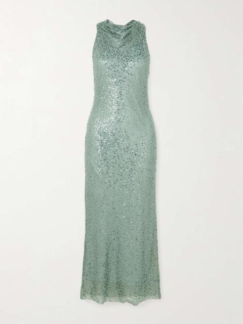 REBECCA VALLANCE Nixie open-back embellished metallic mesh midi dress