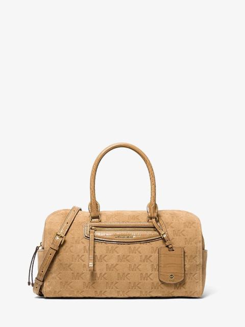MICHAEL KORS Jet Set Travel Medium Logo Embossed Suede Duffel Crossbody Bag