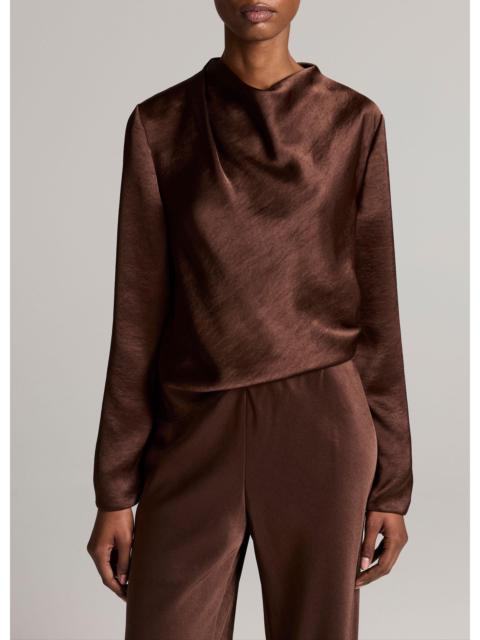 Vince Satin Draped Cowl-Neck Long-Sleeve Top