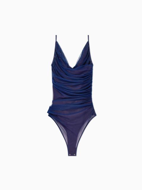 GIORGIO ARMANI STRETCH TULLE BODYSUIT WITH DRAPED NECKLINE AND STRASS