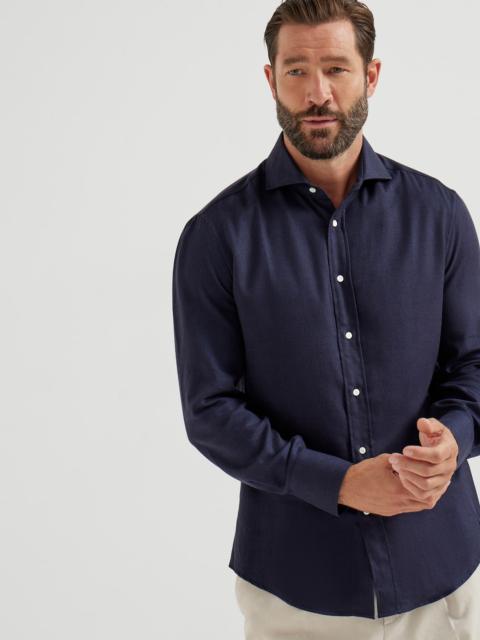 Brunello Cucinelli Stretch cotton chevron flannel slim fit shirt with spread collar