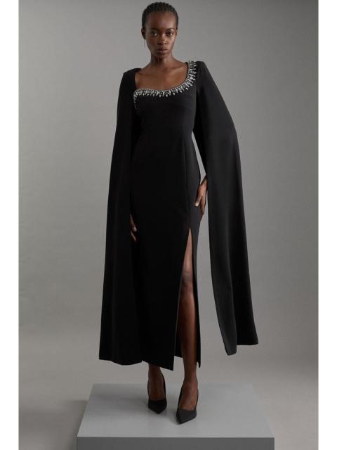 KAREN MILLEN Petite Crystal Embellished Viscose Crepe Woven Cape Maxi Dress