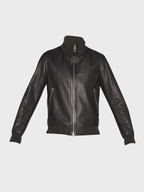 Men's Grained Leather Track Bomber Jacket