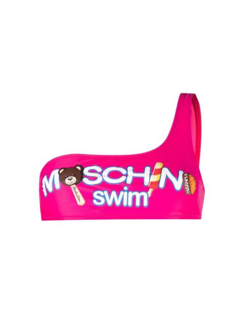 Moschino logo print asymmetric-neck bikini top