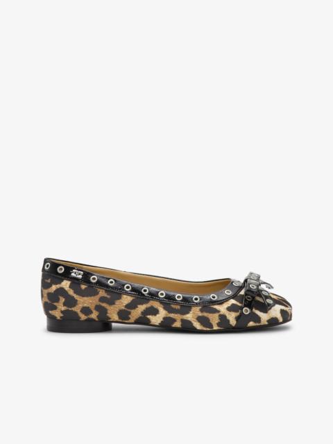 GANNI LEOPARD EYELET BOW BALLERINAS