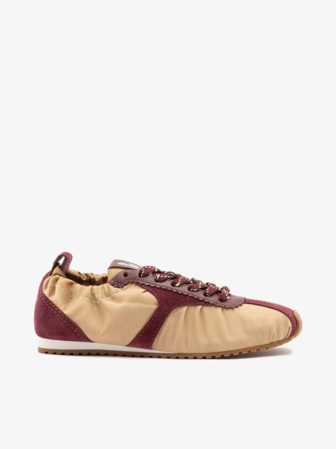 Larroudé Stella Lite Sneaker Peanut Nylon and Burgundy Suede