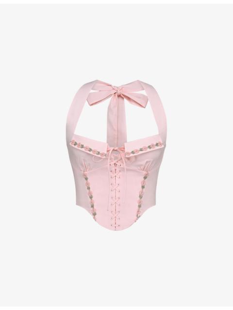 House of CB Demi Floral-Embroidered Stretch-Cotton Corset Top