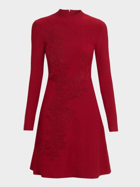 LELA ROSE Floral Velvet Jacquard Long-Sleeve A-Line Dress