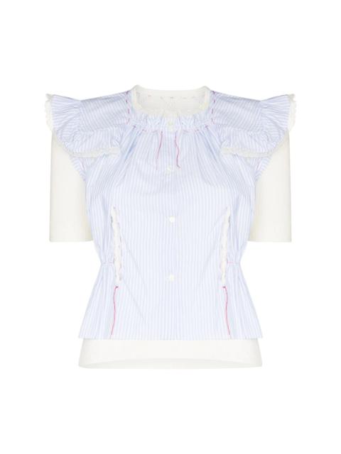 pinstriped ruffled short-sleeve panelled blouse