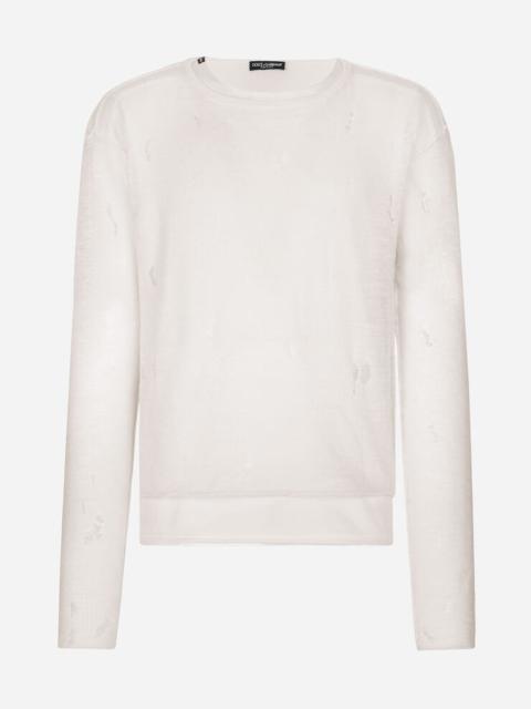 Round-neck technical linen sweater with rips