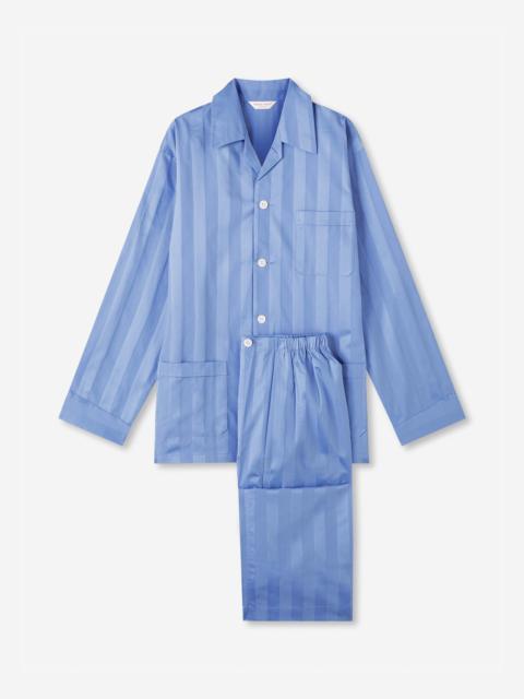 Derek Rose Lingfield Cotton Pajamas Mid Blue Stripe