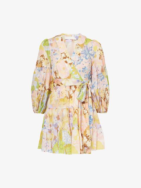 Floral-print wrap-over cotton-poplin mini dress