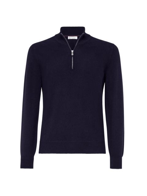 Brunello Cucinelli Men's Cashmere Sweater with Half Zip - Navy Blue