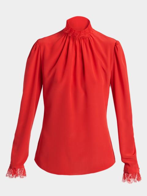 Alexander McQueen Lace Ruffle-Neck Long-Sleeve Silk Top